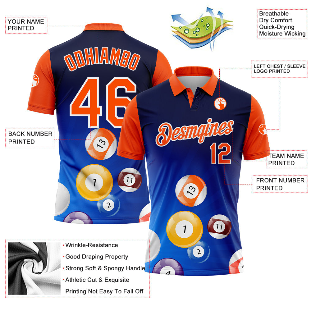 Custom Royal Orange-White 3D Pattern Design Billiards Performance Polo Shirt view 2