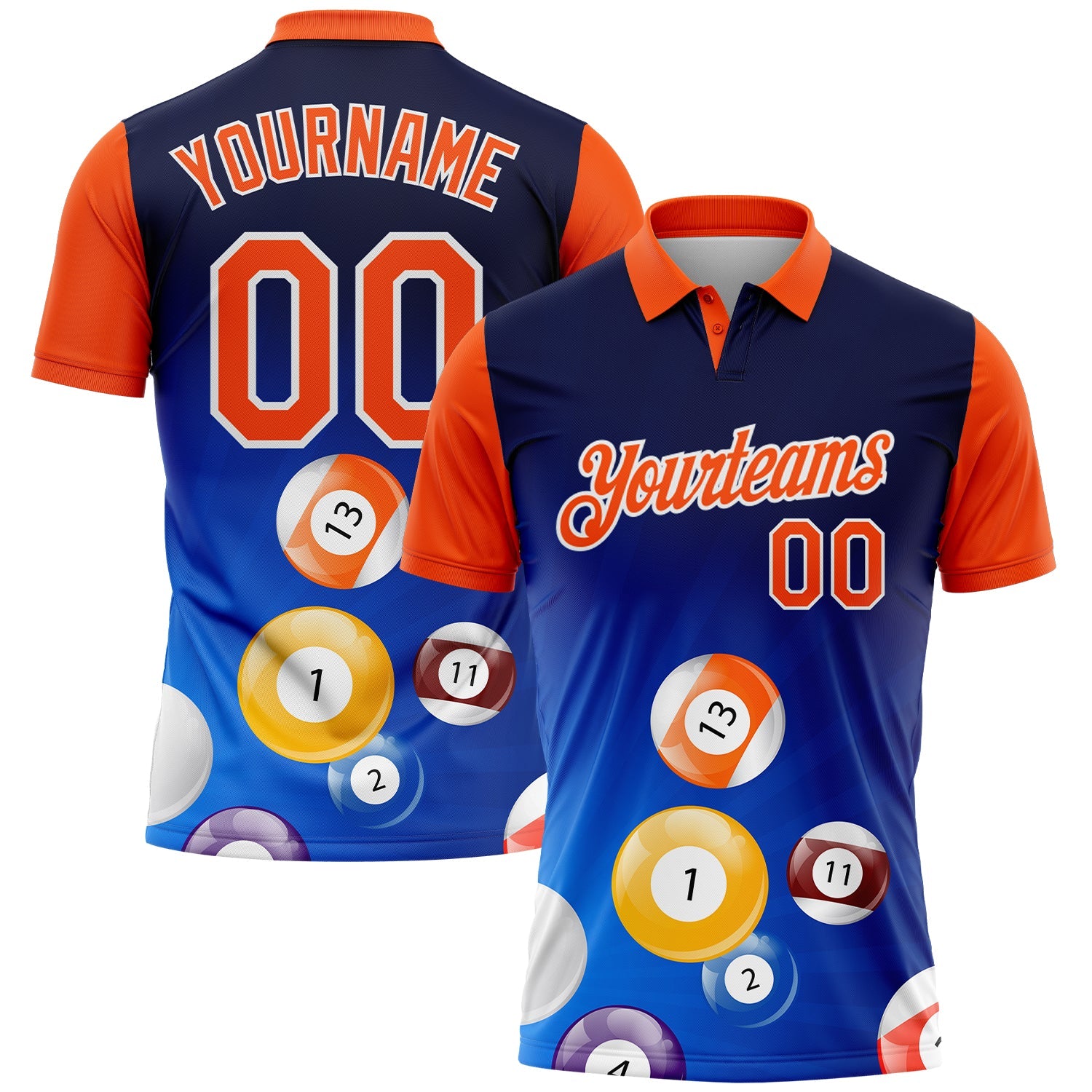 Custom Royal Orange-White 3D Pattern Design Billiards Performance Polo Shirt - Main View