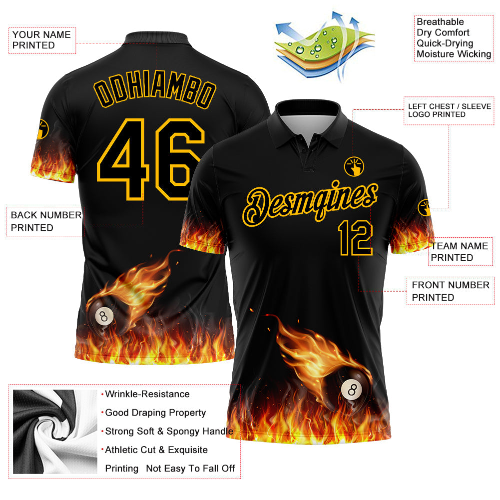 Custom Black Yellow 3D Pattern Design Flame Billiards 8 Ball Performance Polo Shirt view 2