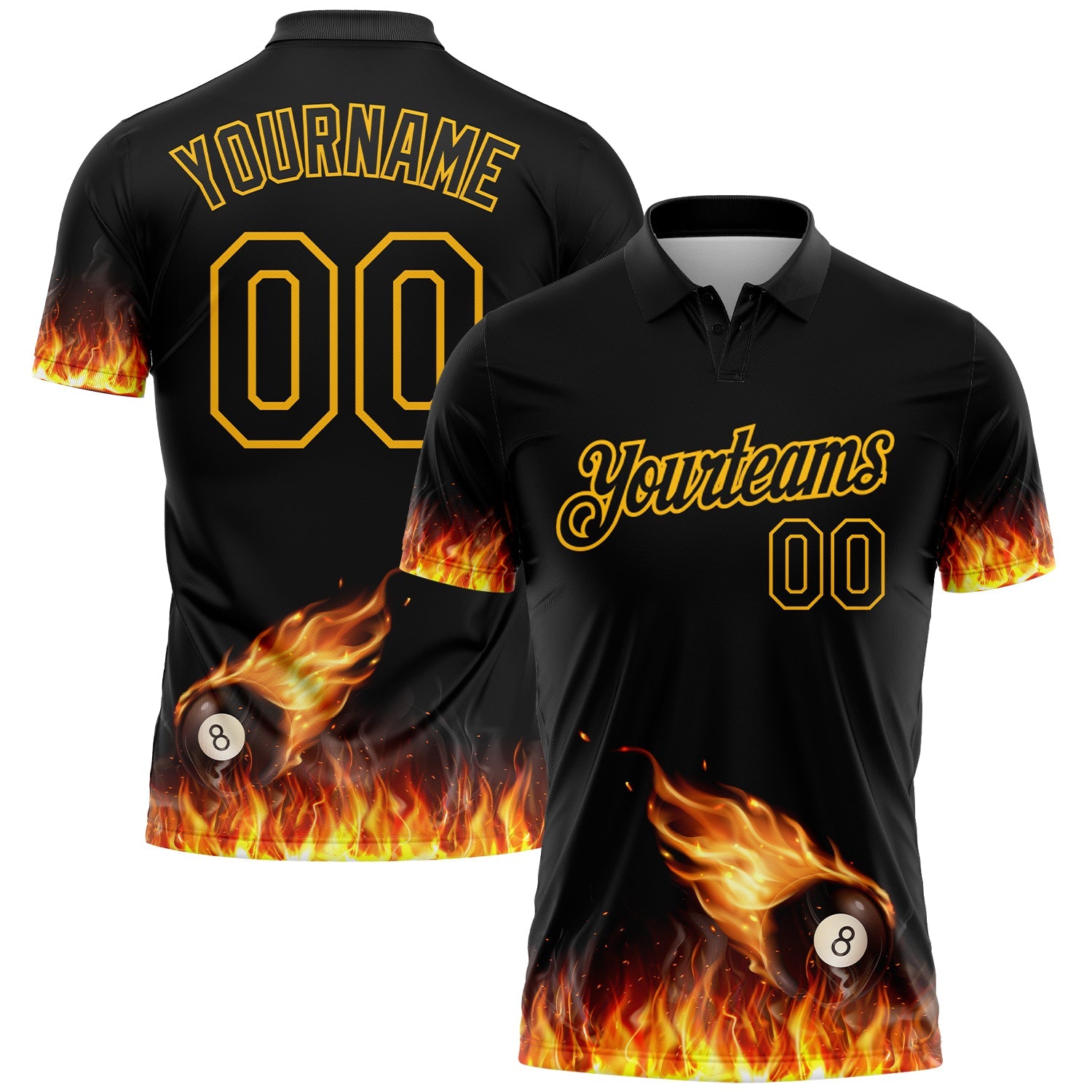 Custom Black Yellow 3D Pattern Design Flame Billiards 8 Ball Performance Polo Shirt - Main View