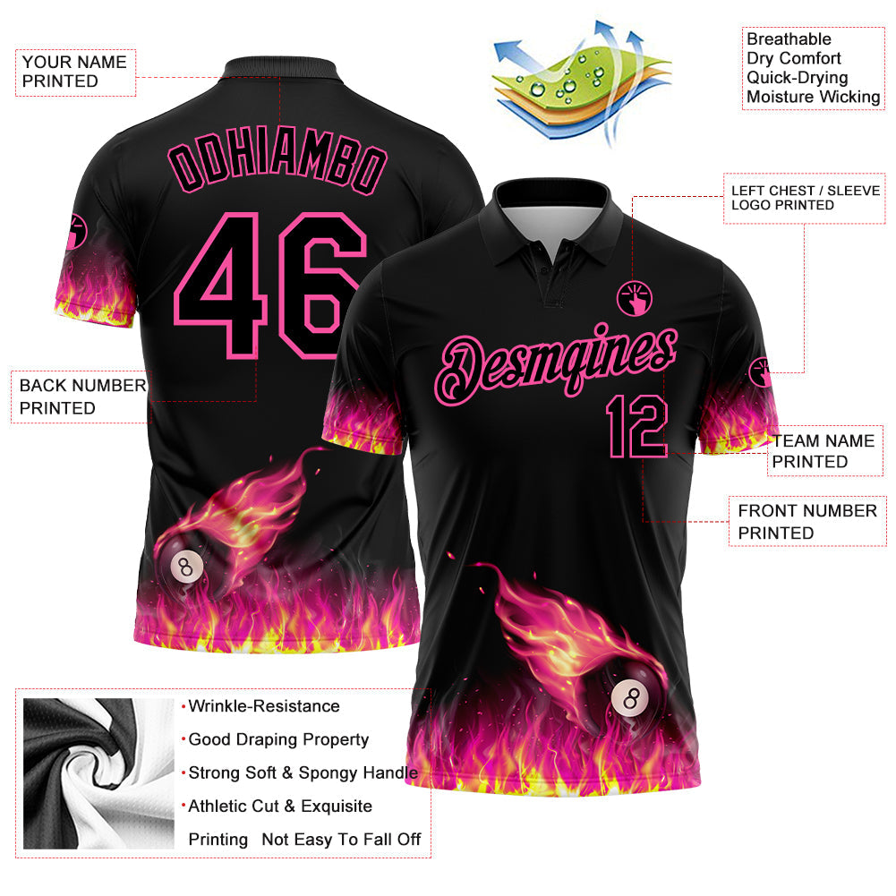 Custom Black Pink 3D Pattern Design Flame Billiards 8 Ball Performance Polo Shirt view 2