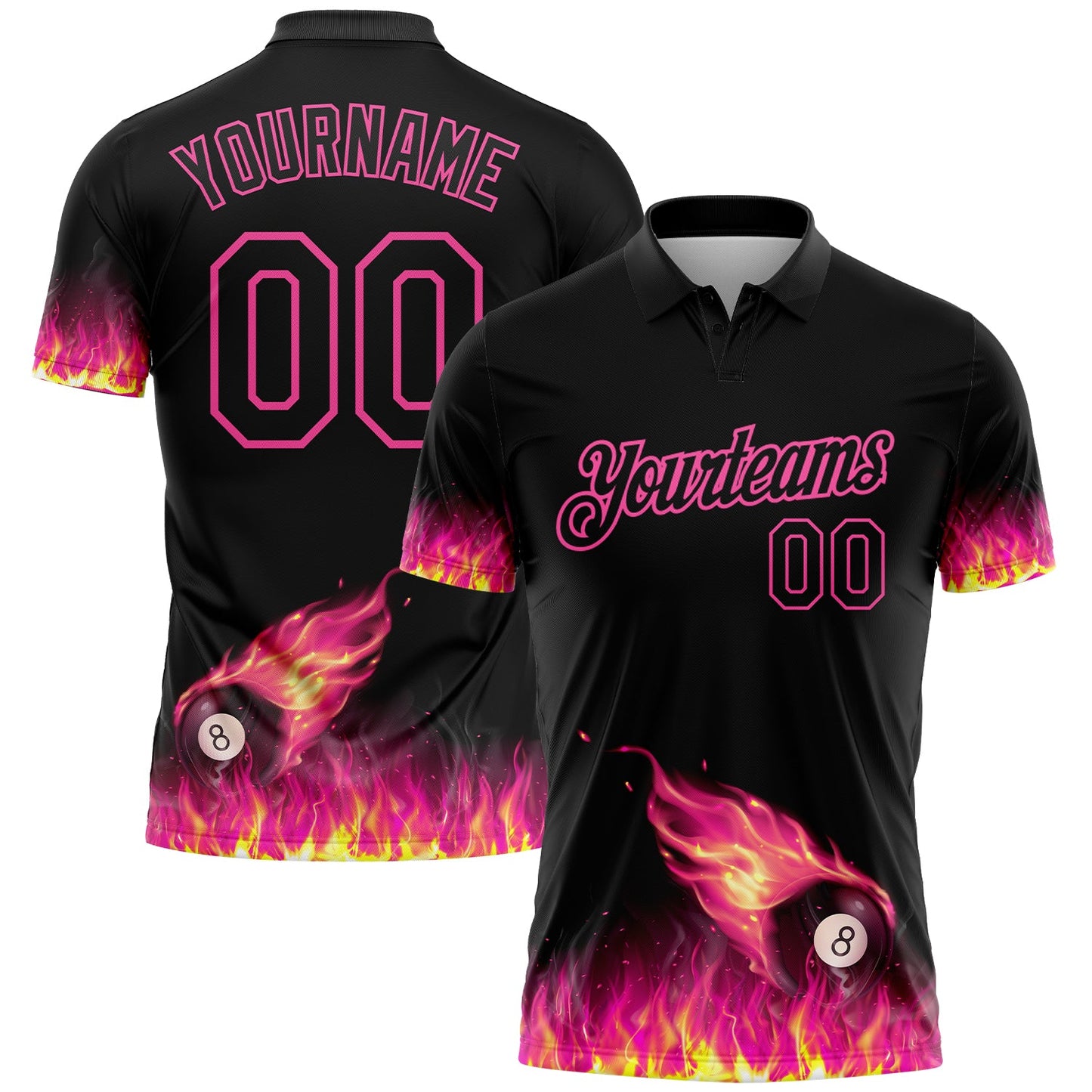 Custom Black Pink 3D Pattern Design Flame Billiards 8 Ball Performance Polo Shirt - Main View