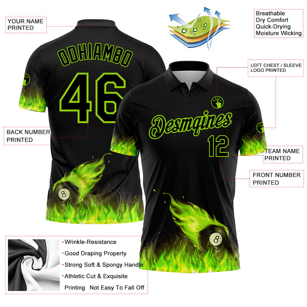 Custom Black Neon Green 3D Pattern Design Flame Billiards 8 Ball Performance Polo Shirt view 2