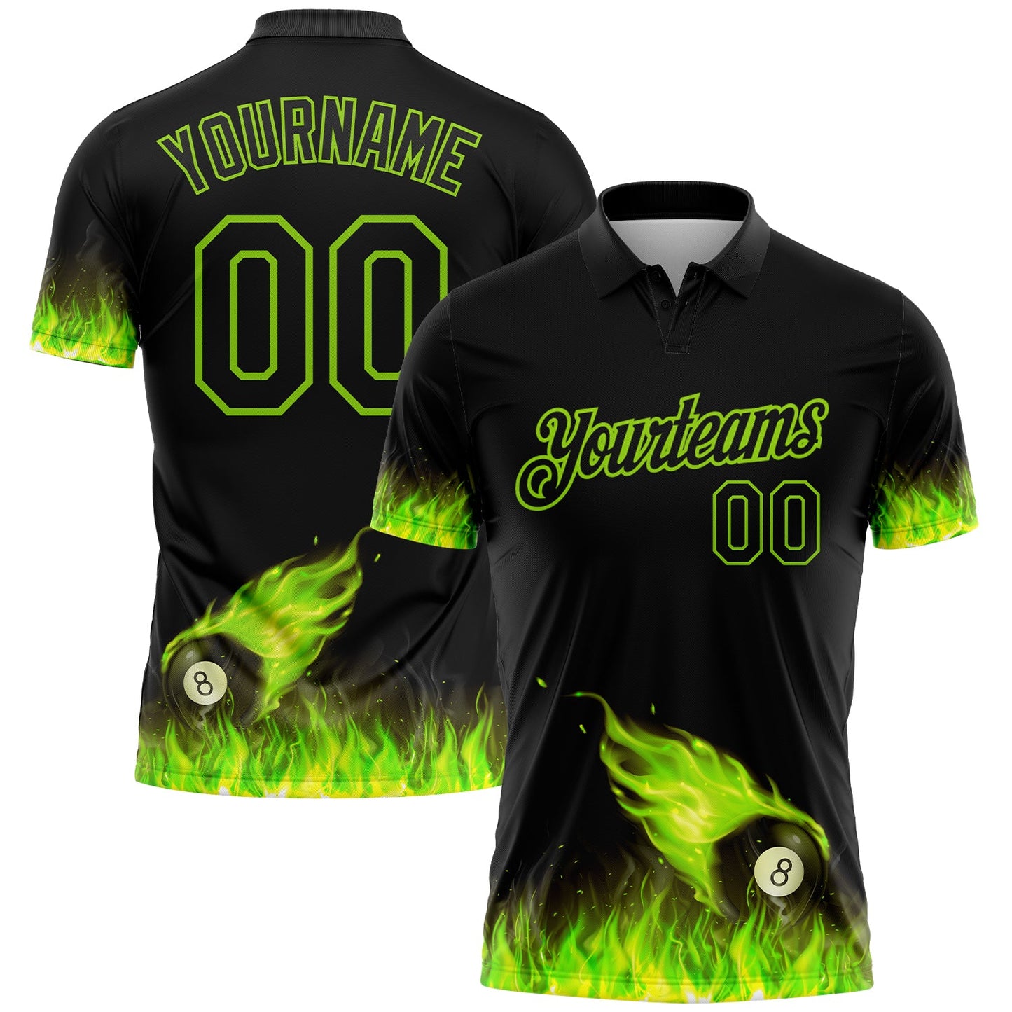 Custom Black Neon Green 3D Pattern Design Flame Billiards 8 Ball Performance Polo Shirt - Main View