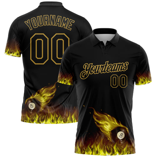 Custom Black Old Gold 3D Pattern Design Flame Billiards 8 Ball Performance Polo Shirt - Main View