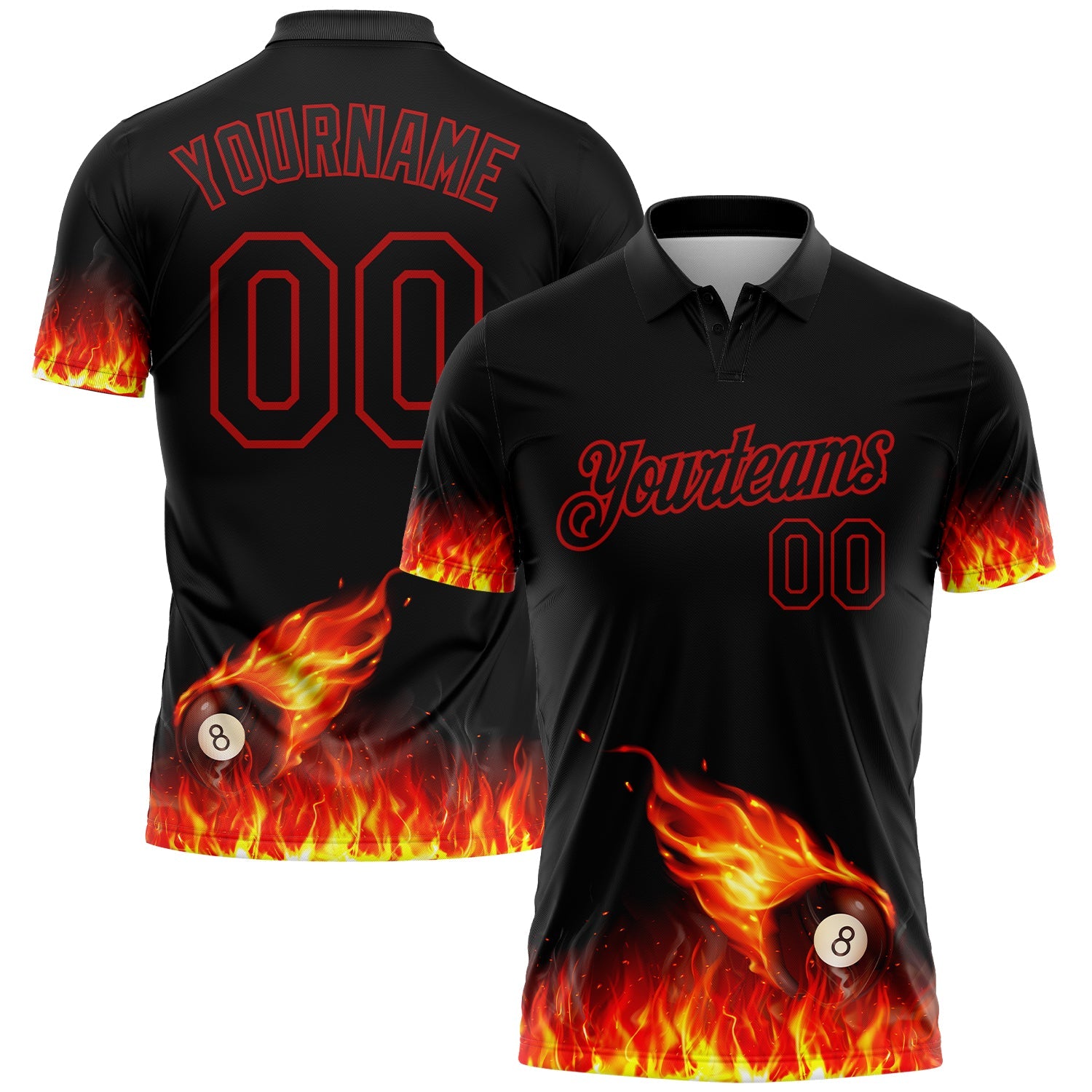 Custom Black Red 3D Pattern Design Flame Billiards 8 Ball Performance Polo Shirt - Main View