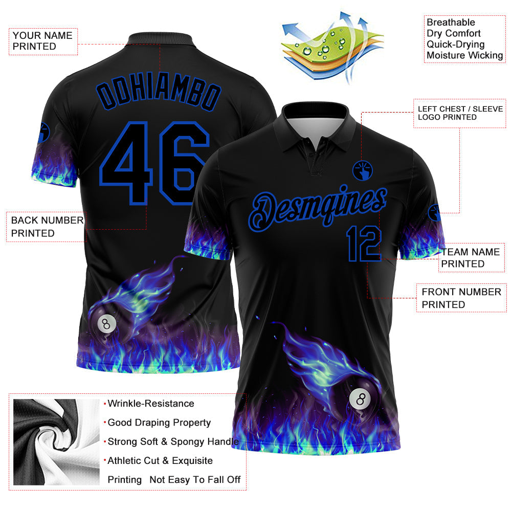 Custom Black Thunder Blue 3D Pattern Design Flame Billiards 8 Ball Performance Polo Shirt view 2