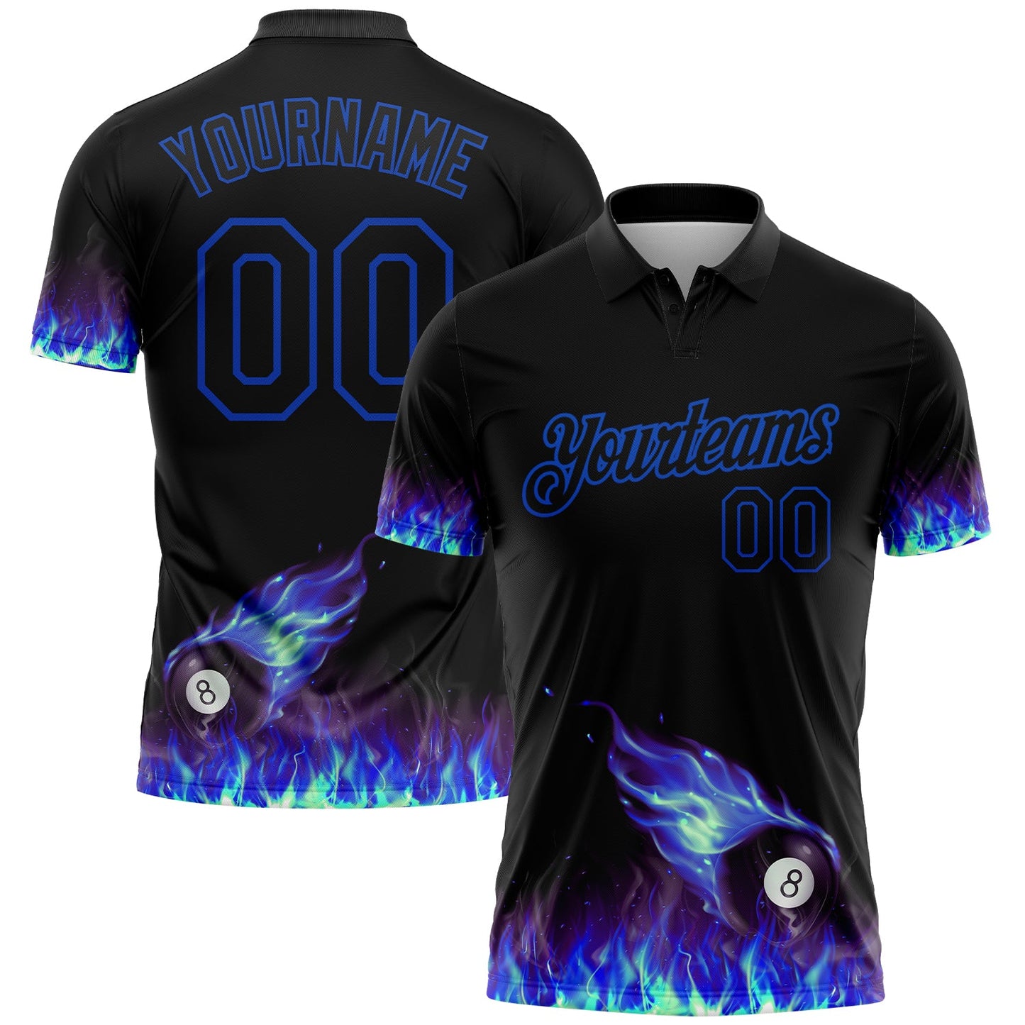Custom Black Thunder Blue 3D Pattern Design Flame Billiards 8 Ball Performance Polo Shirt - Main View
