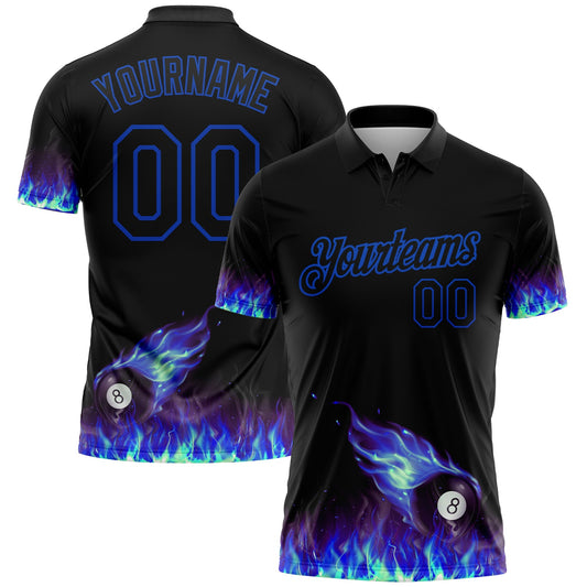 Custom Black Thunder Blue 3D Pattern Design Flame Billiards 8 Ball Performance Polo Shirt - Main View