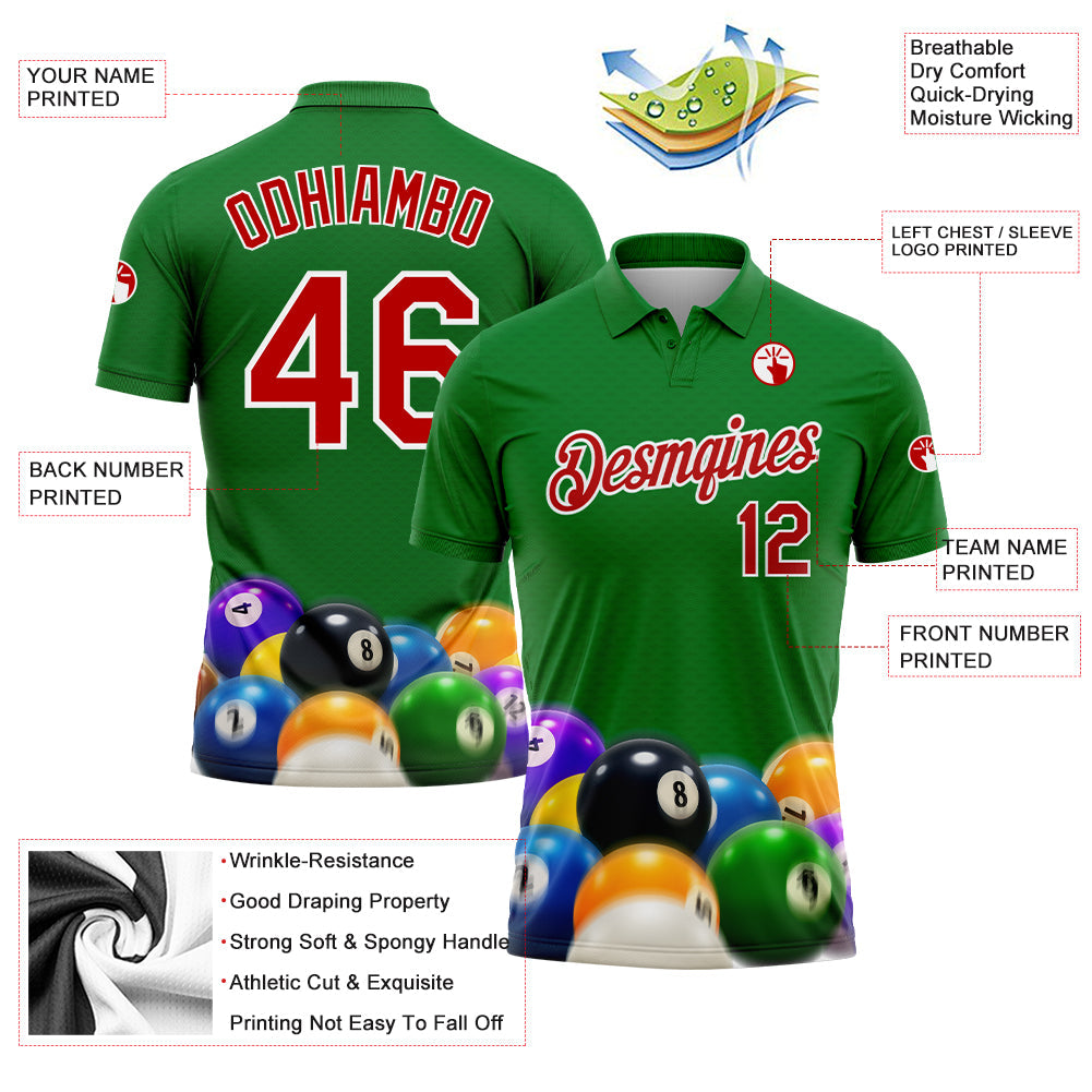 Custom Kelly Green Red-White 3D Pattern Design Billiards 8 Ball Performance Polo Shirt view 2