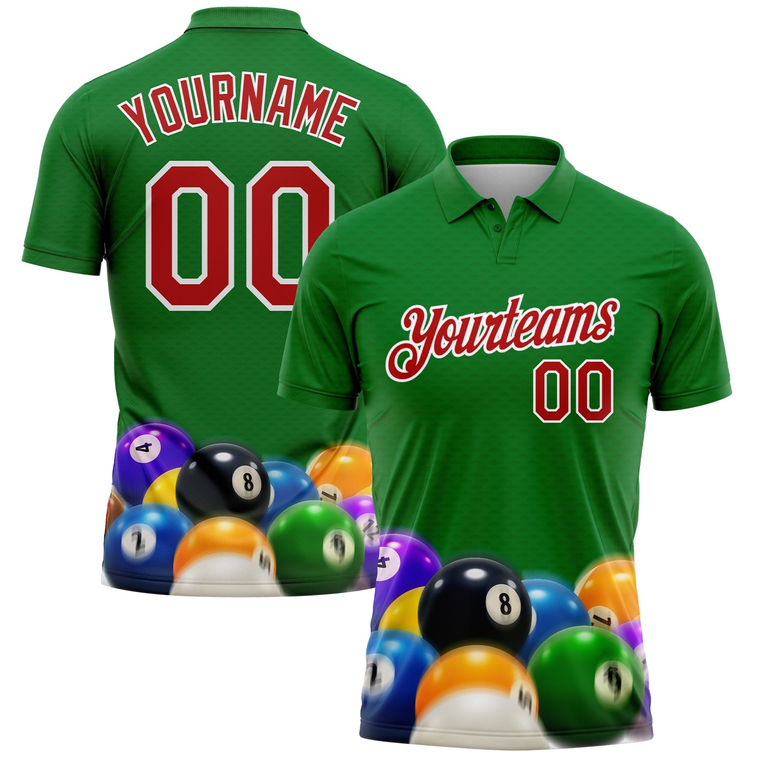 Custom Kelly Green Red-White 3D Pattern Design Billiards 8 Ball Performance Polo Shirt - Main View