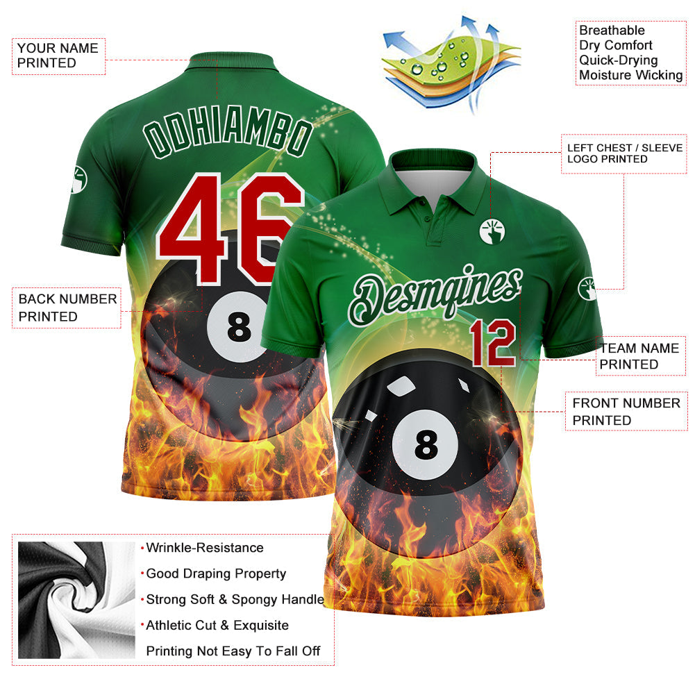 Custom Green Red-White 3D Pattern Design Flame Billiards 8 Ball Performance Polo Shirt view 2