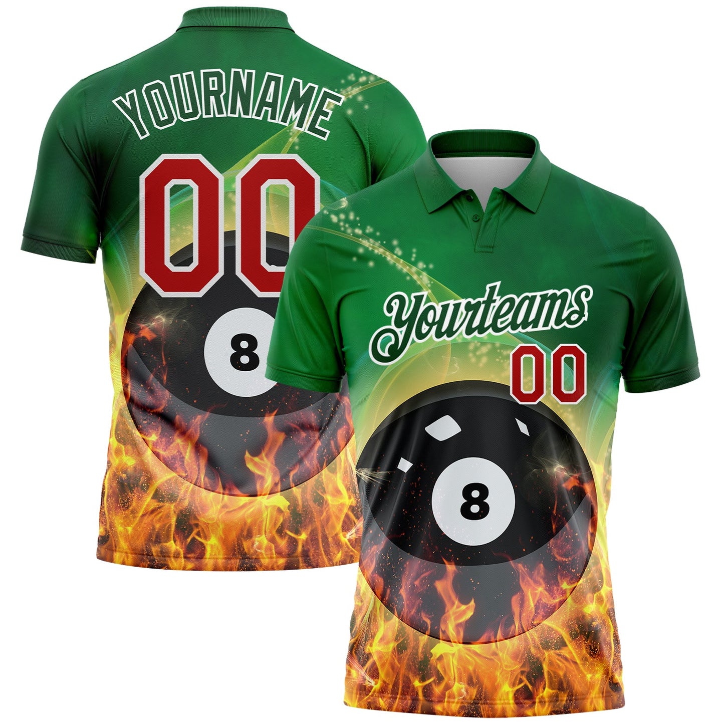 Custom Green Red-White 3D Pattern Design Flame Billiards 8 Ball Performance Polo Shirt - Main View