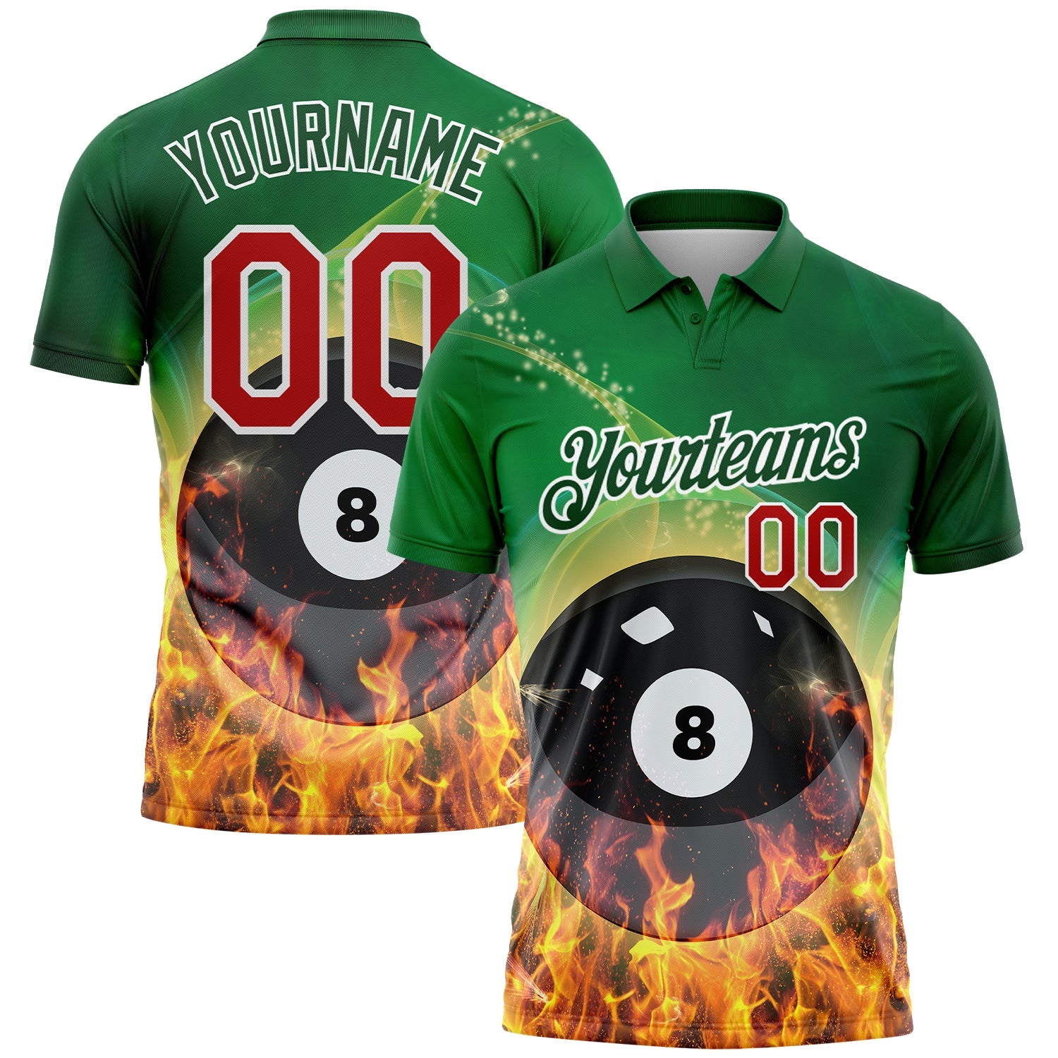 Custom Green Red-White 3D Pattern Design Flame Billiards 8 Ball Performance Polo Shirt - Main View