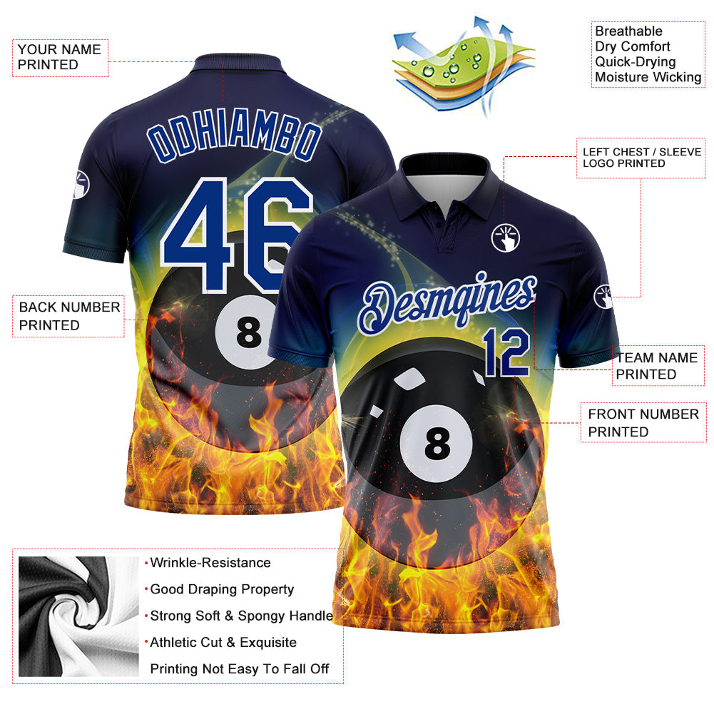 Custom Royal White 3D Pattern Design Flame Billiards 8 Ball Performance Polo Shirt view 2