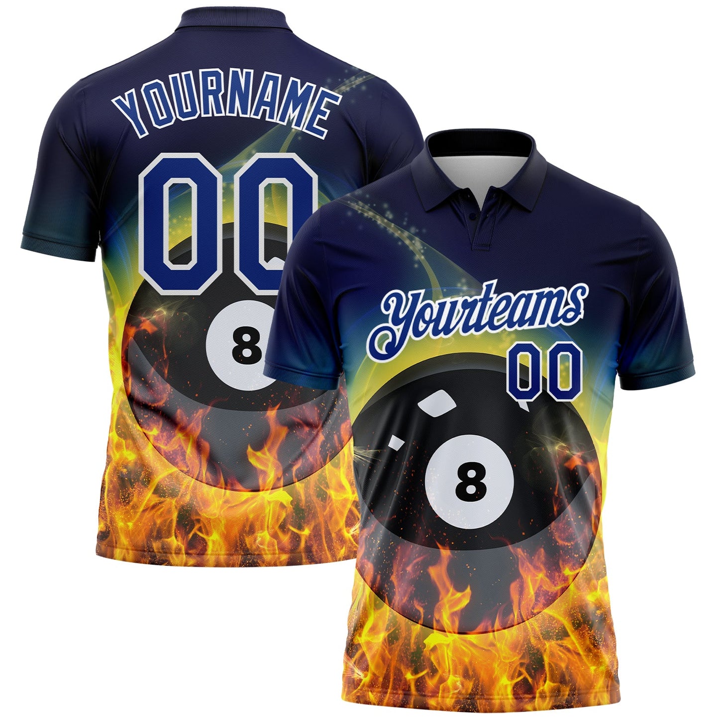 Custom Royal White 3D Pattern Design Flame Billiards 8 Ball Performance Polo Shirt - Main View