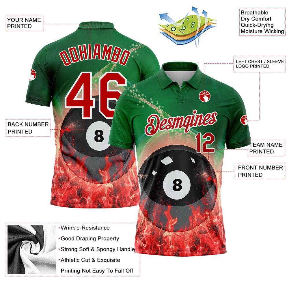 Custom Green Red-White 3D Pattern Design Flame Billiards 8 Ball Performance Polo Shirt view 2