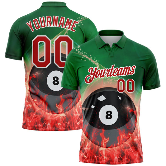 Custom Green Red-White 3D Pattern Design Flame Billiards 8 Ball Performance Polo Shirt - Main View