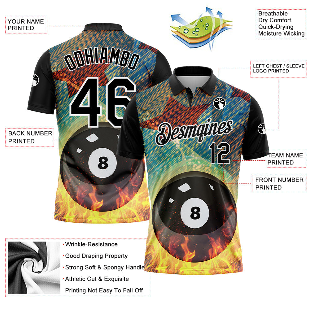 Custom Black White 3D Pattern Design Flame Billiards 8 Ball Performance Polo Shirt view 2