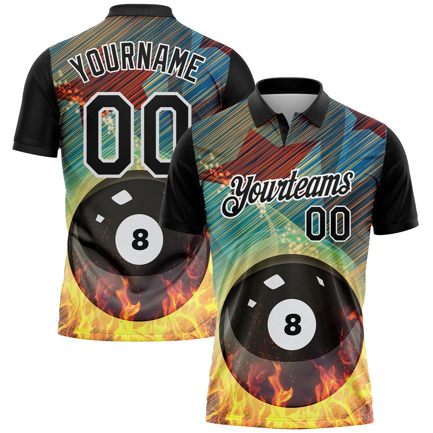 Custom Black White 3D Pattern Design Flame Billiards 8 Ball Performance Polo Shirt - Main View