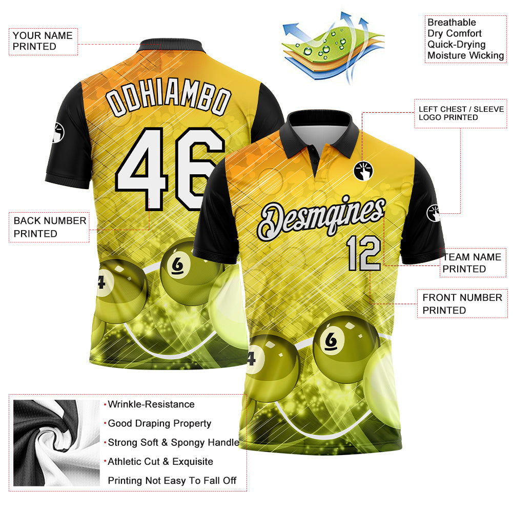 Custom Yellow White-Black 3D Pattern Design Billiards Performance Polo Shirt view 2