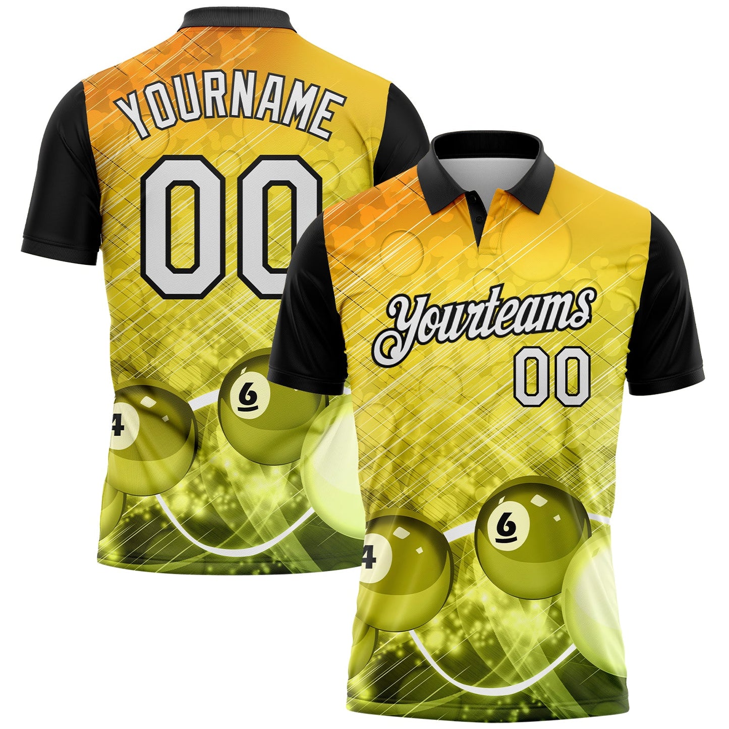 Custom Yellow White-Black 3D Pattern Design Billiards Performance Polo Shirt - Main View