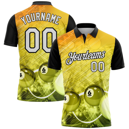 Custom Yellow White-Black 3D Pattern Design Billiards Performance Polo Shirt - Main View