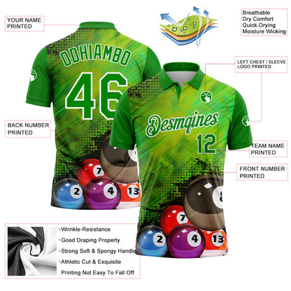 Custom Neon Green White 3D Pattern Design Billiards Performance Polo Shirt view 2
