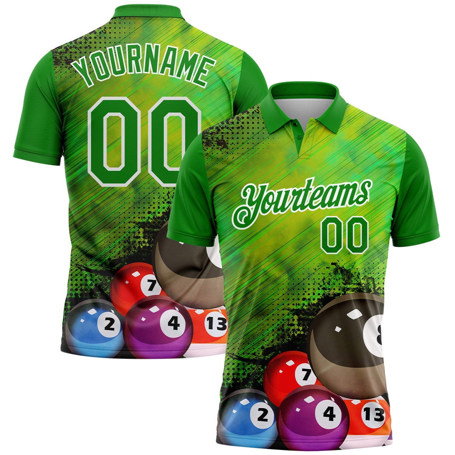 Custom Neon Green White 3D Pattern Design Billiards Performance Polo Shirt - Main View