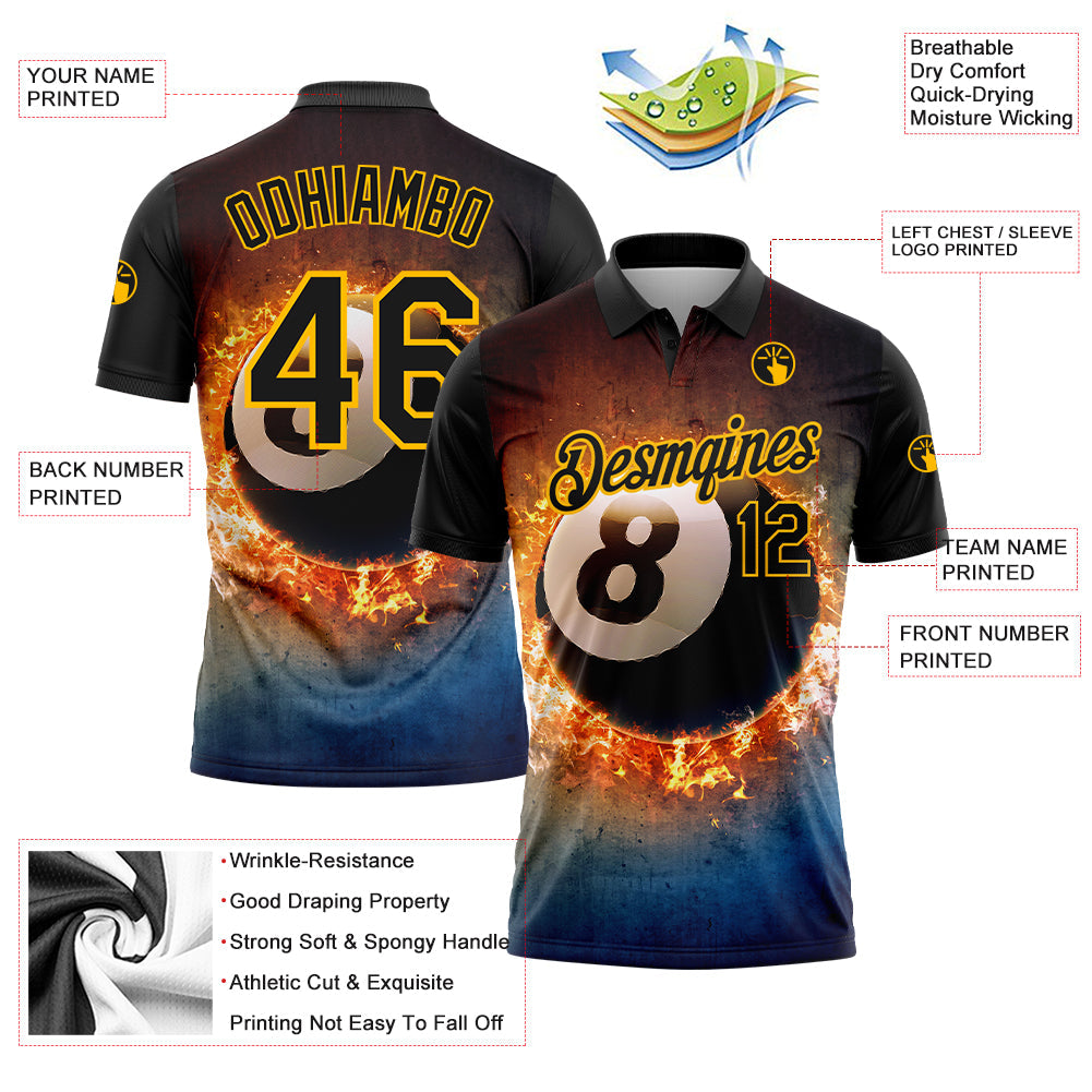 Custom Black Gold 3D Pattern Design Flame Billiards 8 Ball Performance Polo Shirt view 2