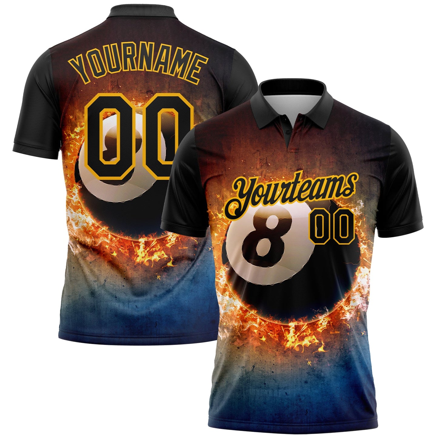 Custom Black Gold 3D Pattern Design Flame Billiards 8 Ball Performance Polo Shirt - Main View