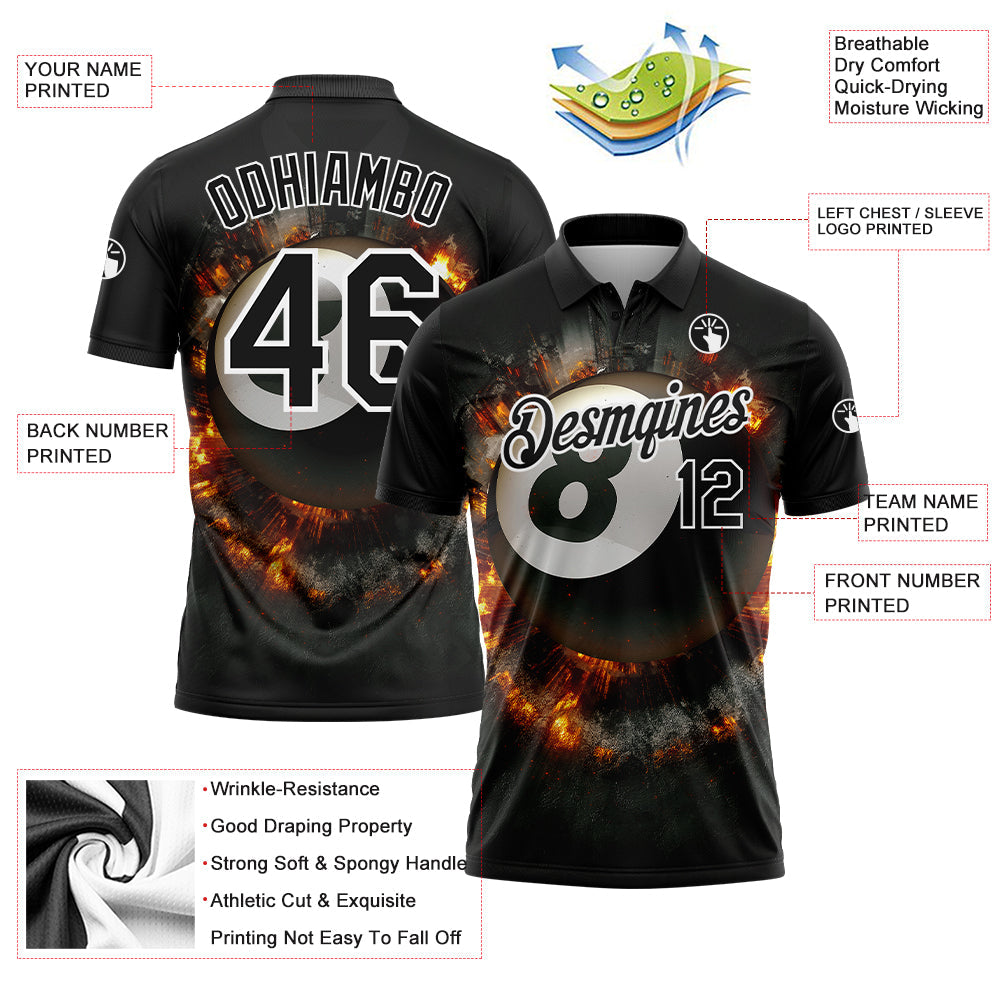Custom Black White 3D Pattern Design Flame Billiards 8 Ball Performance Polo Shirt view 2