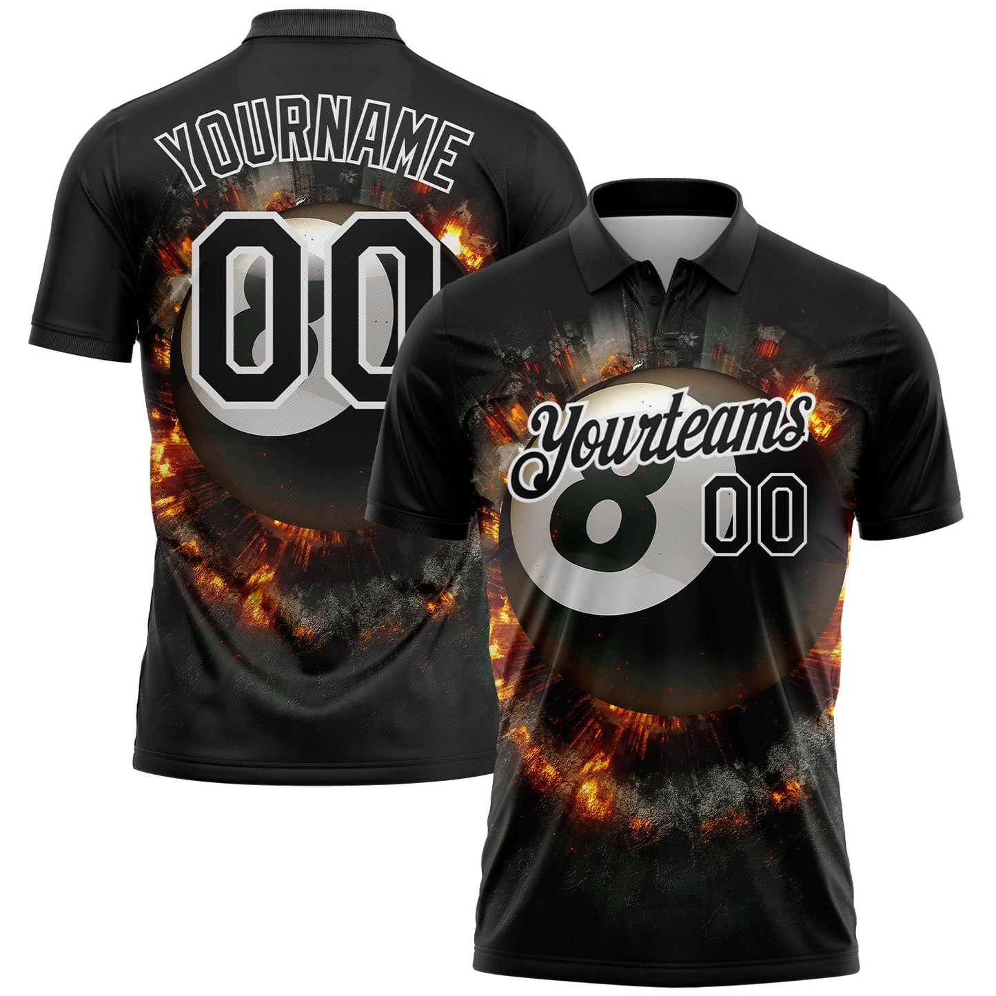 Custom Black White 3D Pattern Design Flame Billiards 8 Ball Performance Polo Shirt - Main View