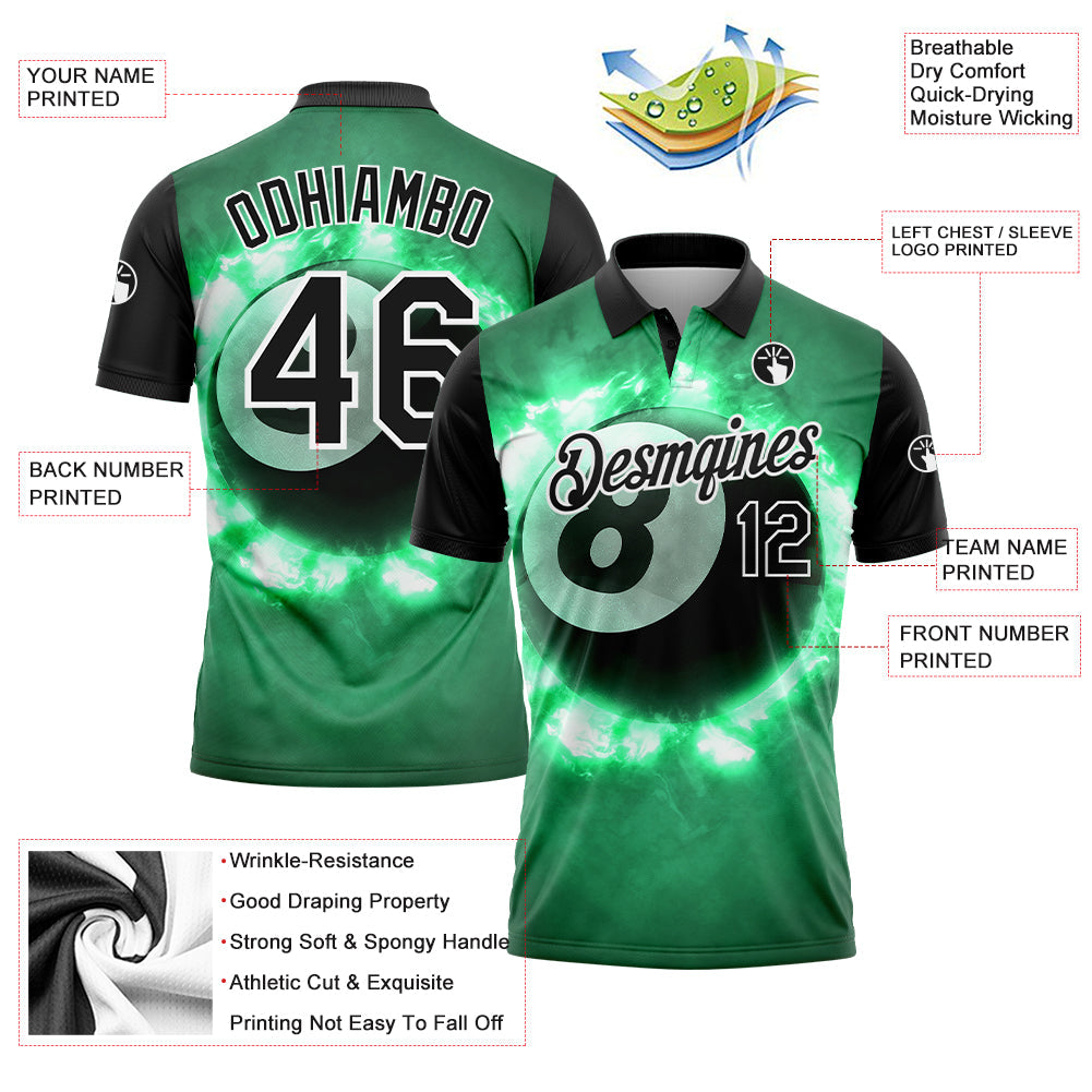 Custom Kelly Green Black-White 3D Pattern Design Flame Billiards 8 Ball Performance Polo Shirt view 2