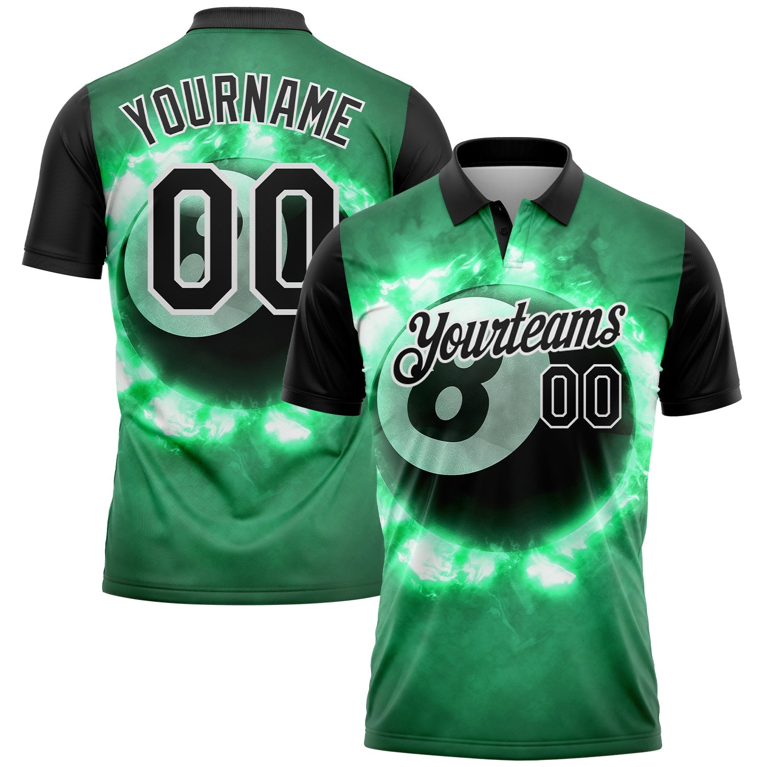 Custom Kelly Green Black-White 3D Pattern Design Flame Billiards 8 Ball Performance Polo Shirt - Main View