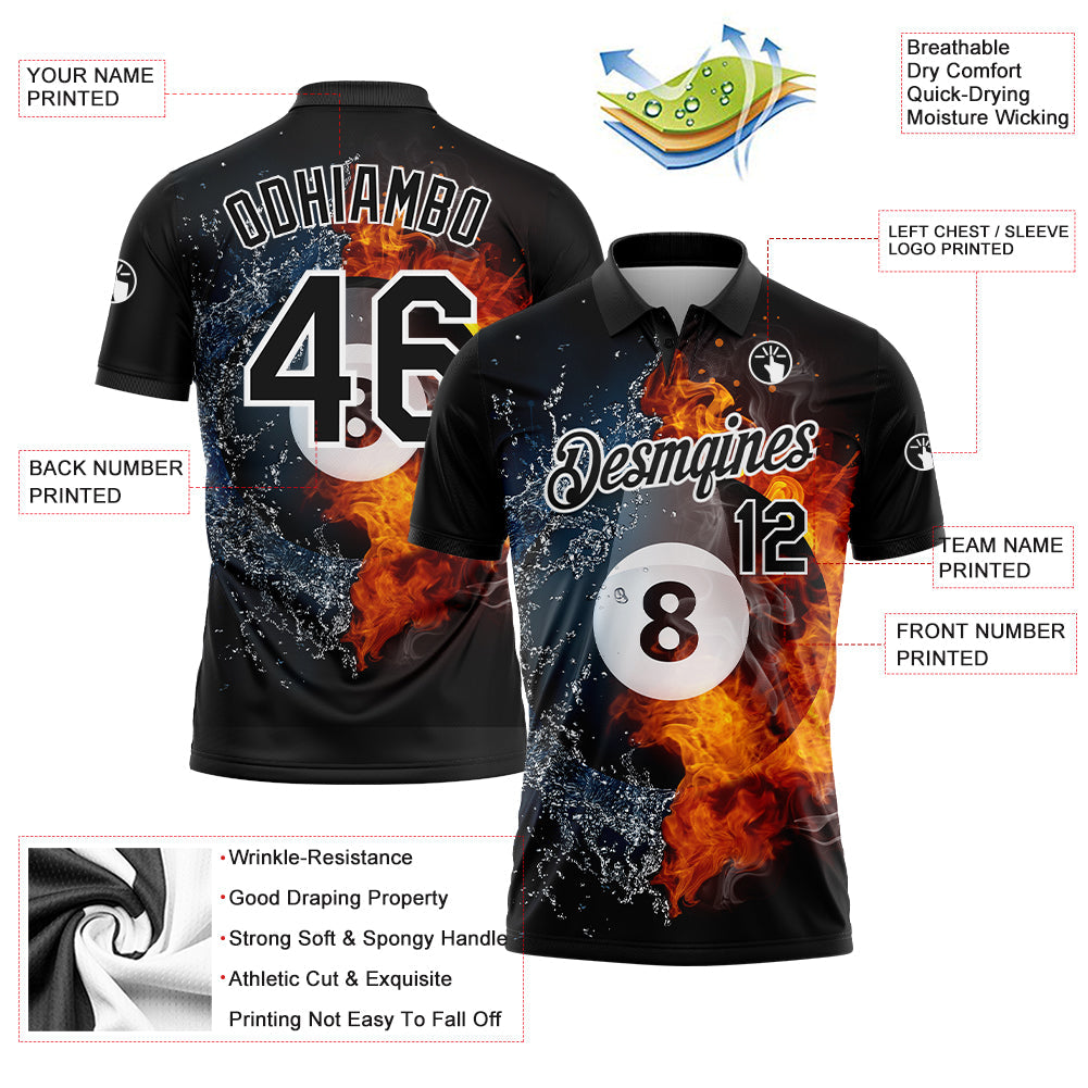Custom Black White 3D Pattern Design Flame Billiards 8 Ball Performance Polo Shirt view 2