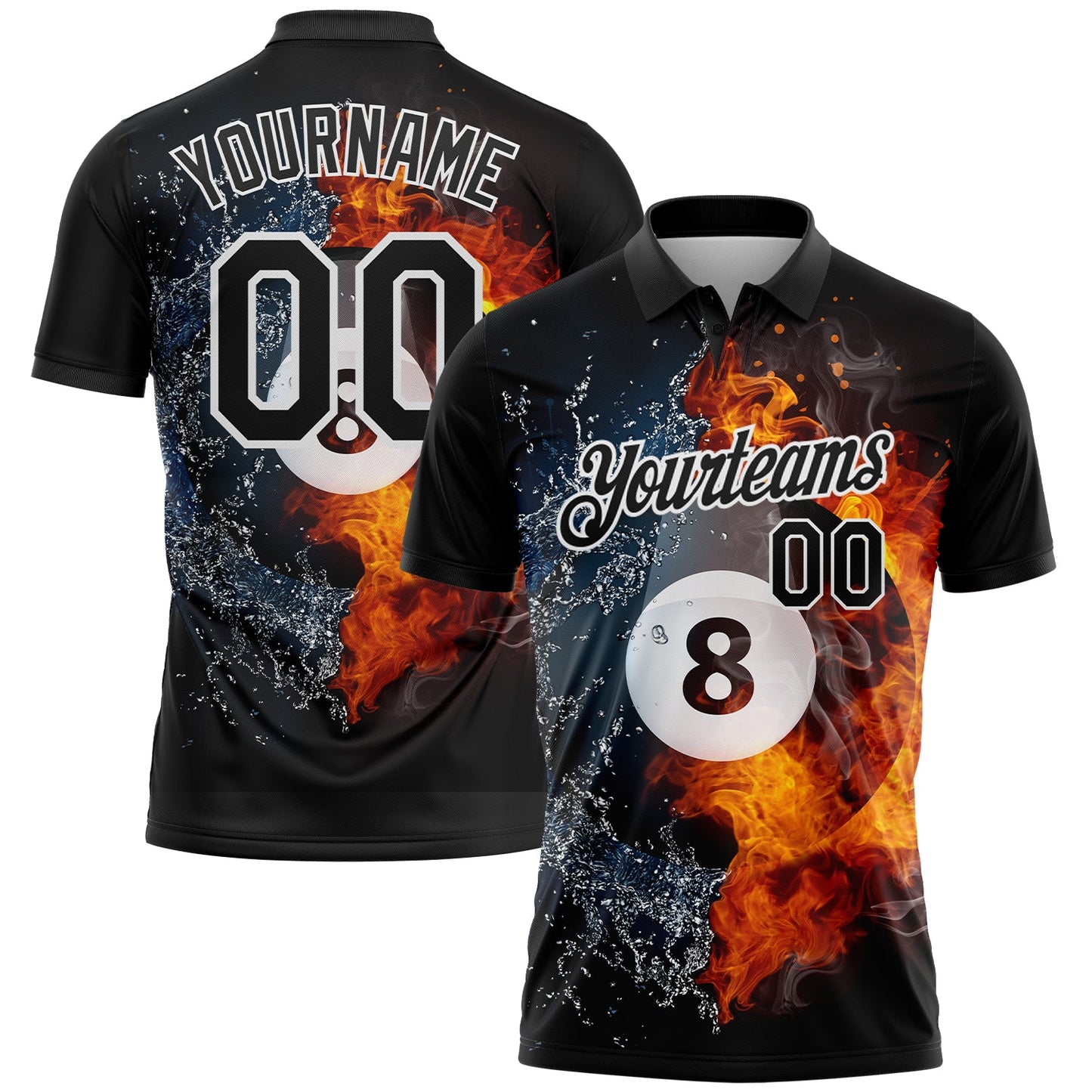 Custom Black White 3D Pattern Design Flame Billiards 8 Ball Performance Polo Shirt - Main View