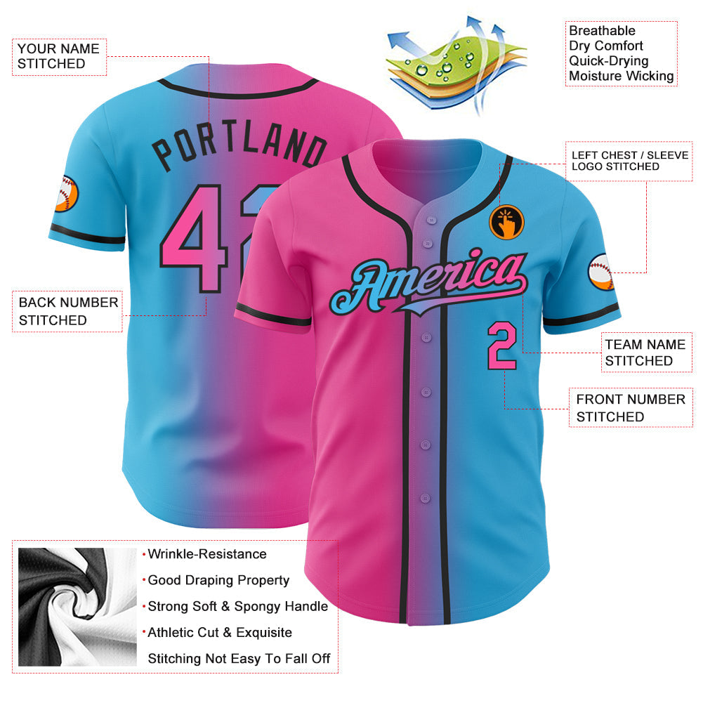 Custom Sky Blue Pink-Black Authentic Gradient Fashion Baseball Jersey view 4