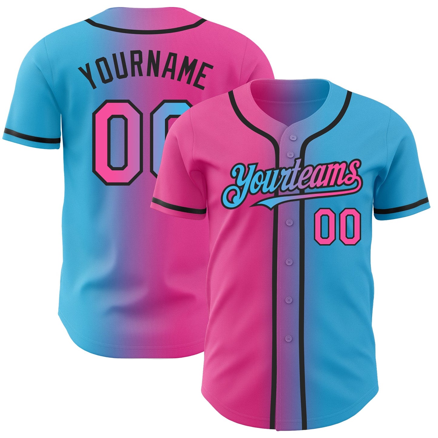 Custom Sky Blue Pink-Black Authentic Gradient Fashion Baseball Jersey - Main View