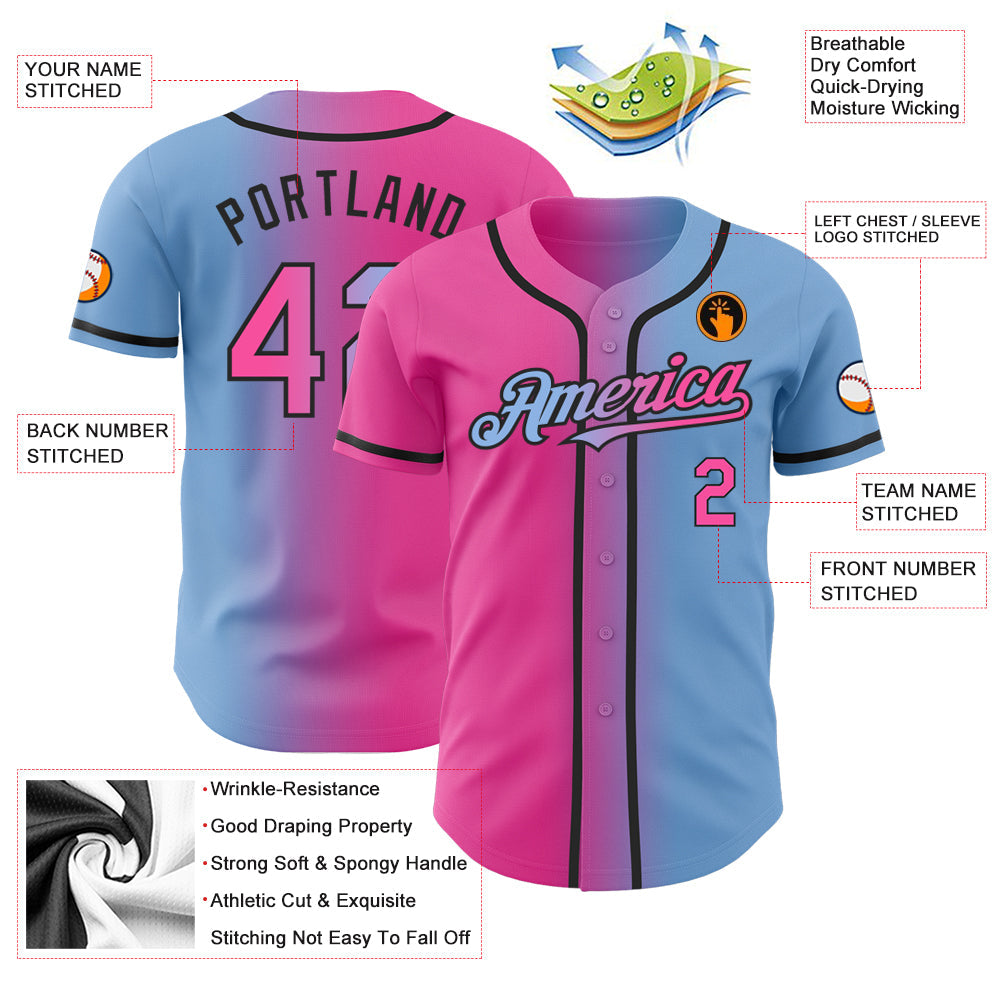 Custom Light Blue Pink-Black Authentic Gradient Fashion Baseball Jersey view 3