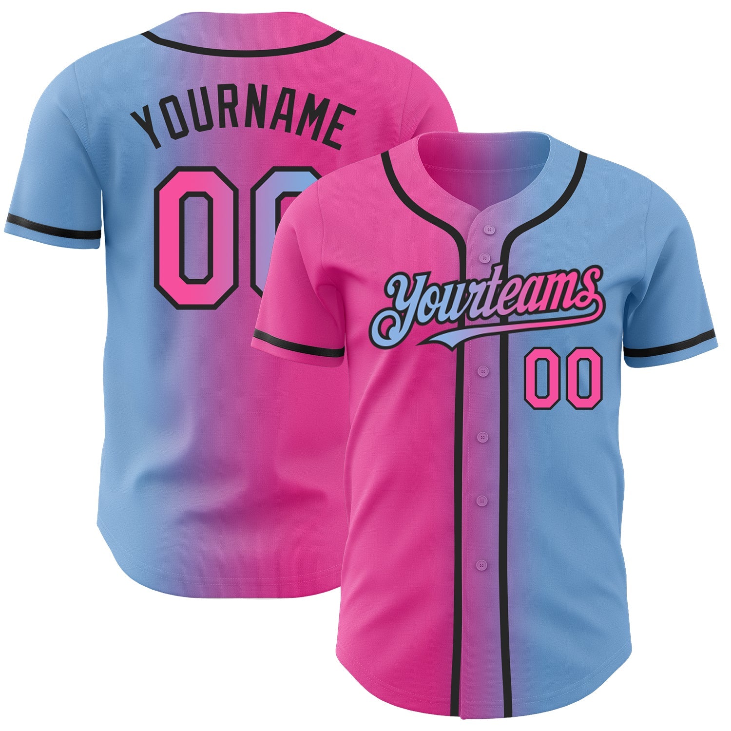 Custom Light Blue Pink-Black Authentic Gradient Fashion Baseball Jersey - Main View