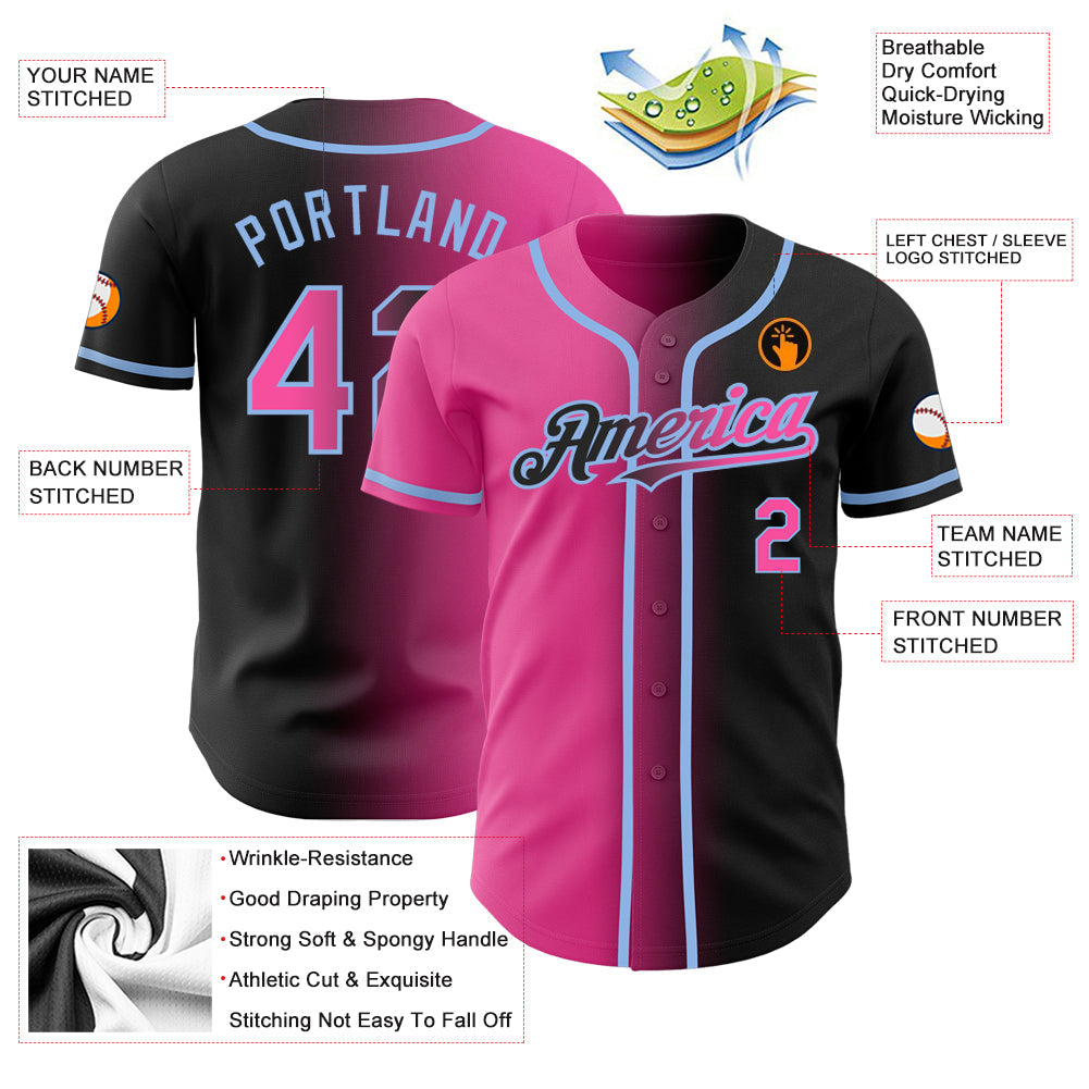 Custom Black Pink-Light Blue Authentic Gradient Fashion Baseball Jersey view 3