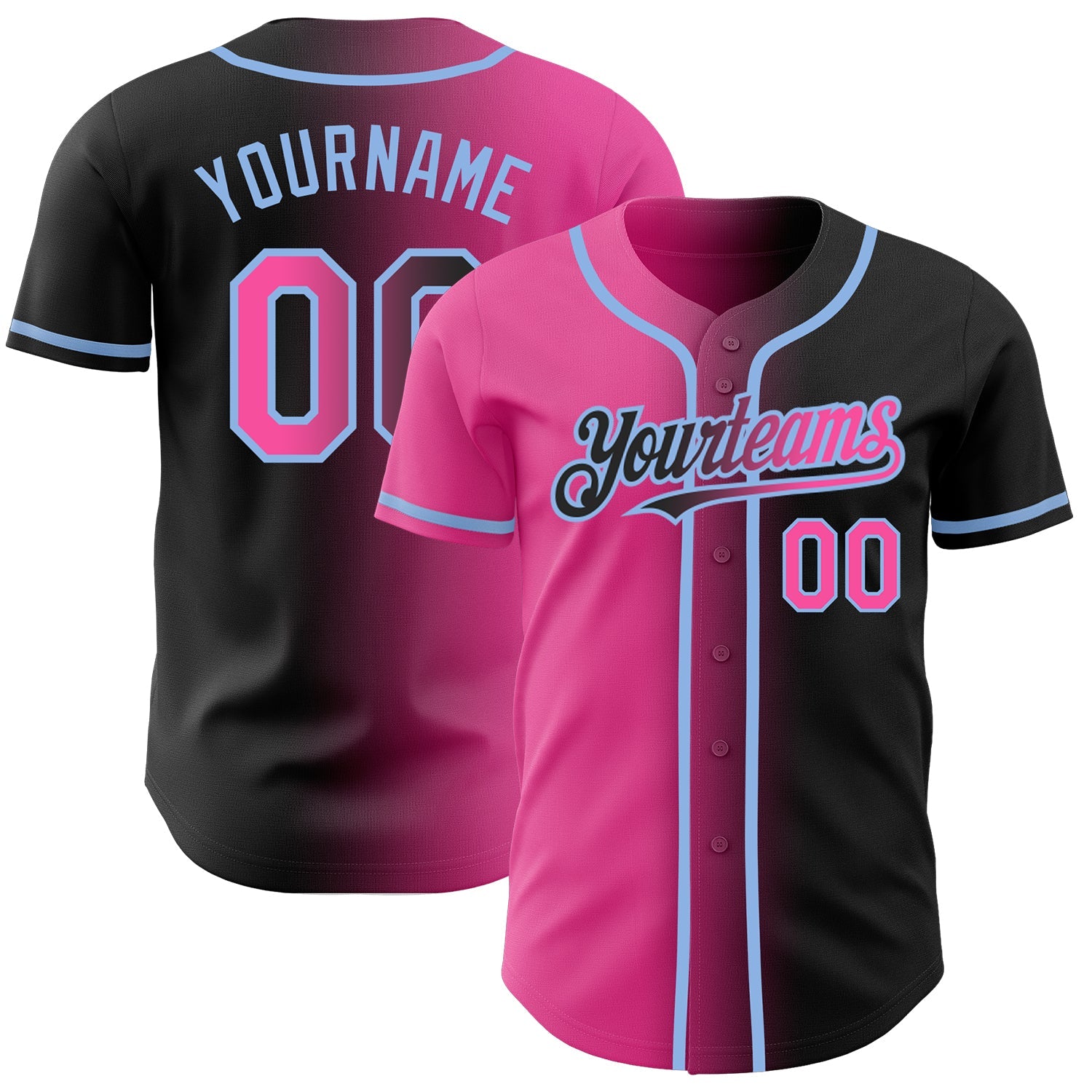 Custom Black Pink-Light Blue Authentic Gradient Fashion Baseball Jersey - Main View
