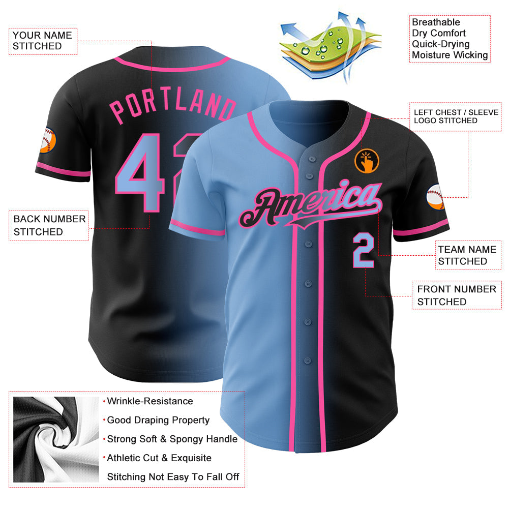Custom Black Light Blue-Pink Authentic Gradient Fashion Baseball Jersey view 3
