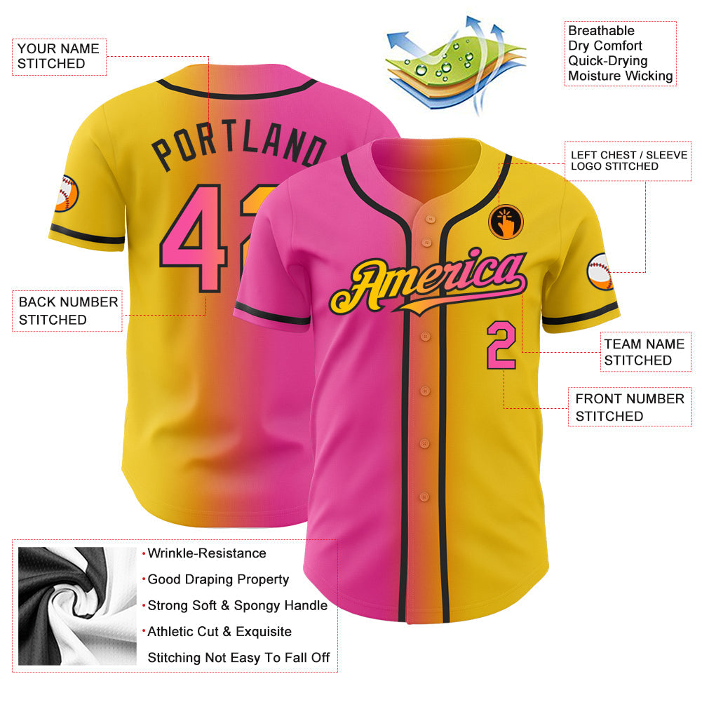 Custom Yellow Pink-Black Authentic Gradient Fashion Baseball Jersey view 4