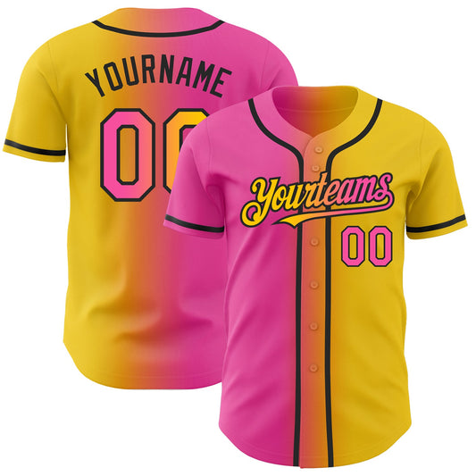 Custom Yellow Pink-Black Authentic Gradient Fashion Baseball Jersey - Main View