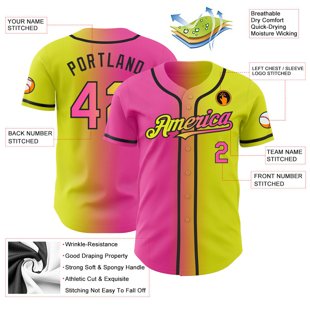 Custom Neon Yellow Pink-Black Authentic Gradient Fashion Baseball Jersey view 3