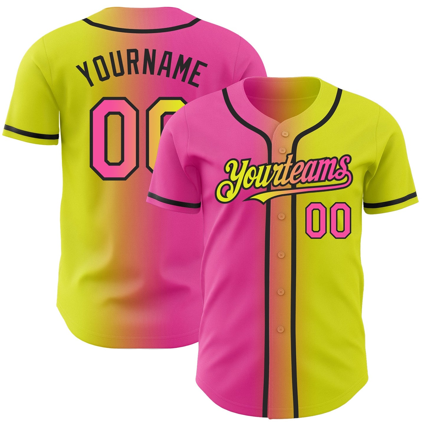 Custom Neon Yellow Pink-Black Authentic Gradient Fashion Baseball Jersey - Main View