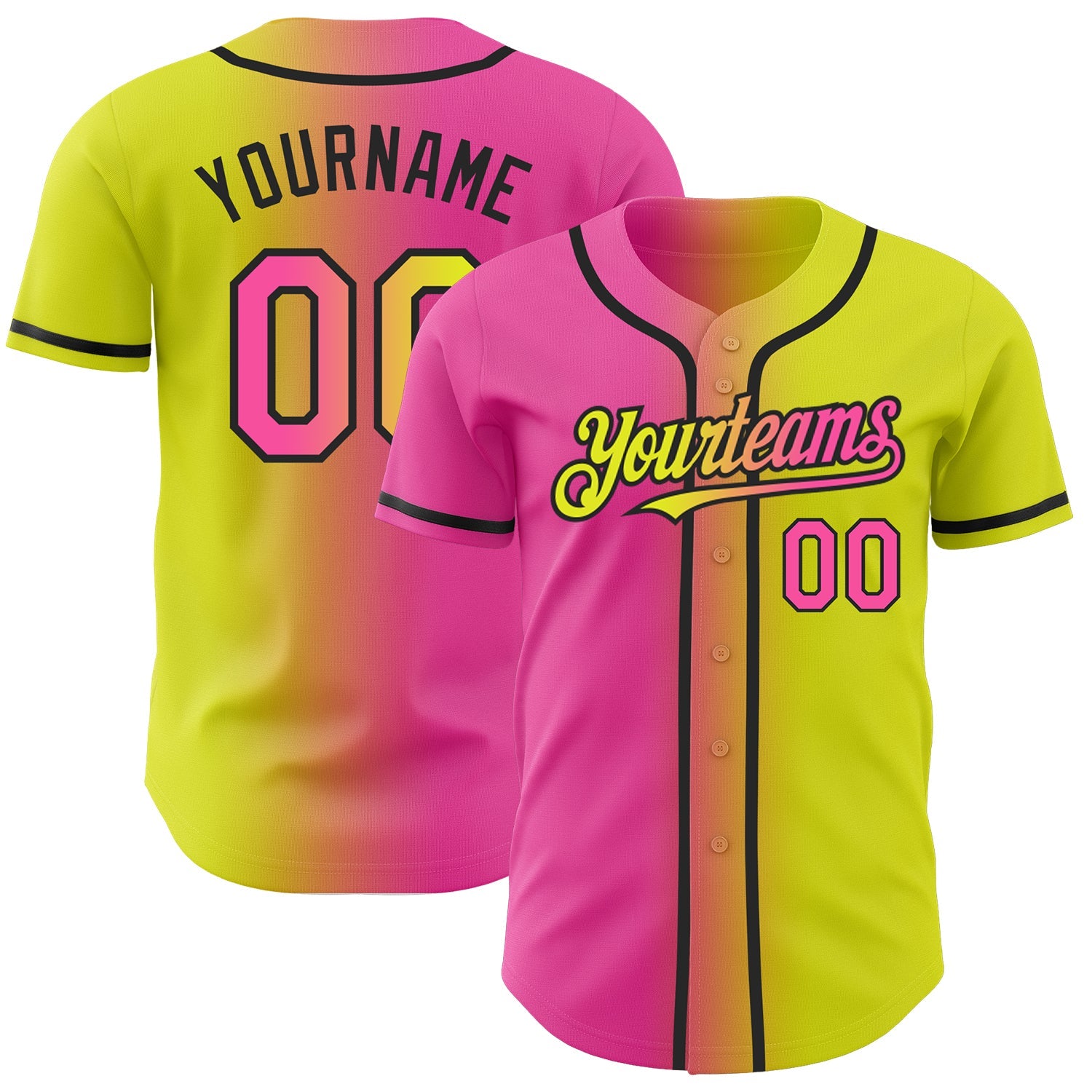 Custom Neon Yellow Pink-Black Authentic Gradient Fashion Baseball Jersey - Main View