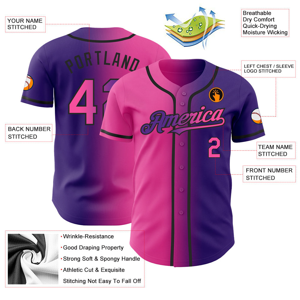 Custom Purple Pink-Black Authentic Gradient Fashion Baseball Jersey view 3